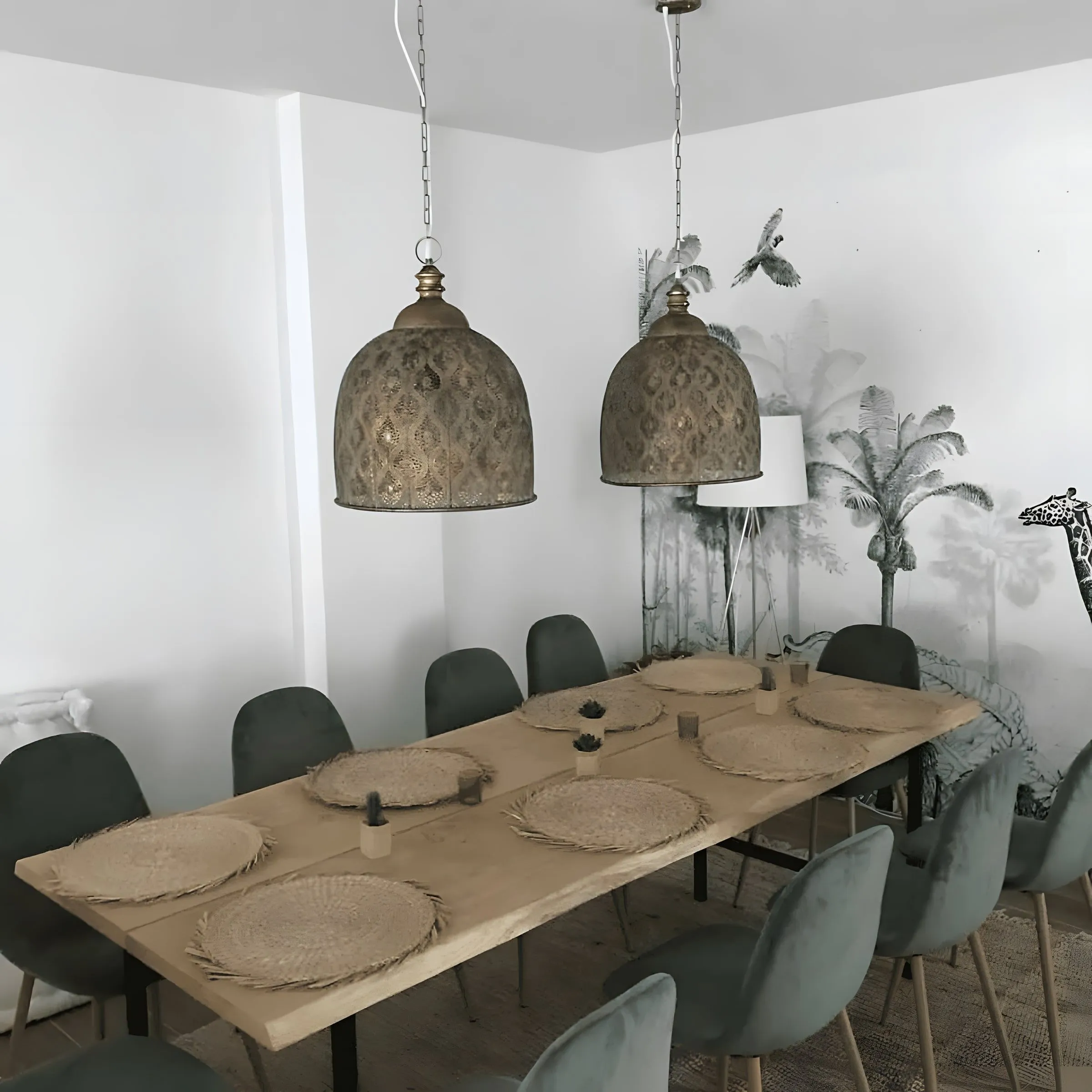 Comedor con lámparas de fibra natural