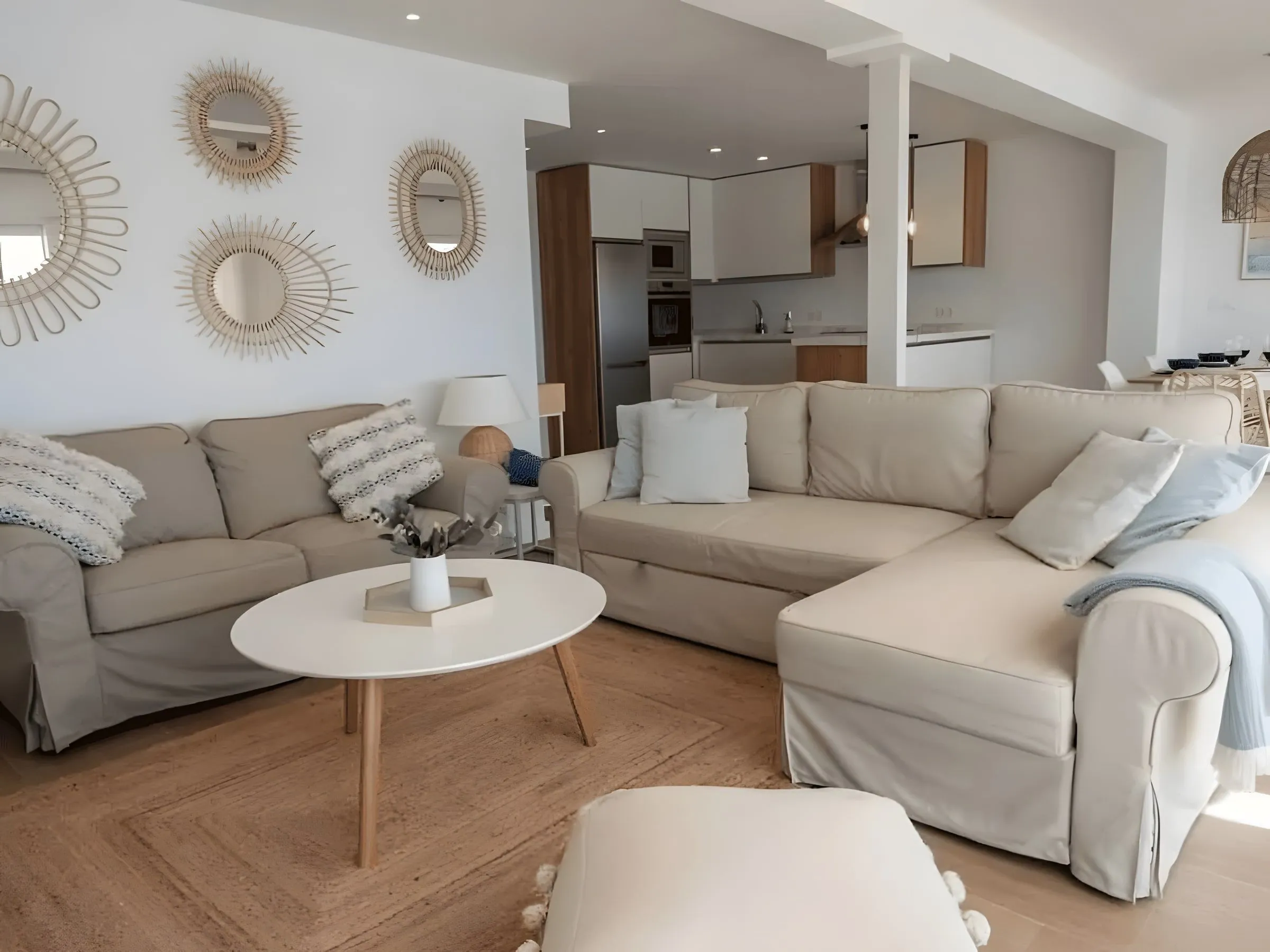 Renovated living room open to the kitchen